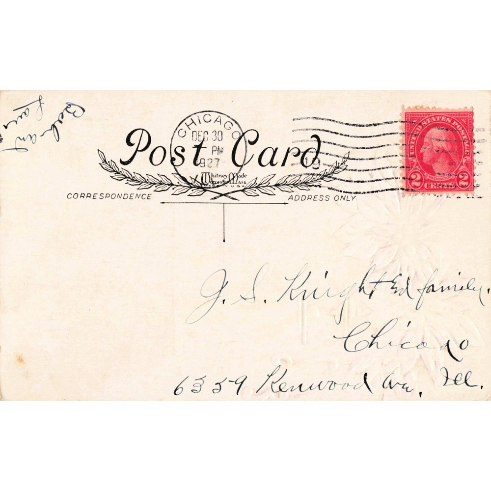 Vtg 1927 New Year Postcard Embossed Poinsettia Snowy Village Chicago Postmark - Picture 2 of 2